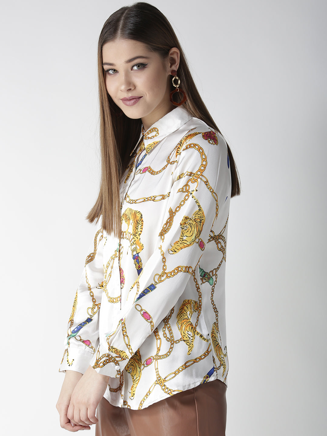 Women's White and Golden Animal Chain Print Shirt - StyleStone