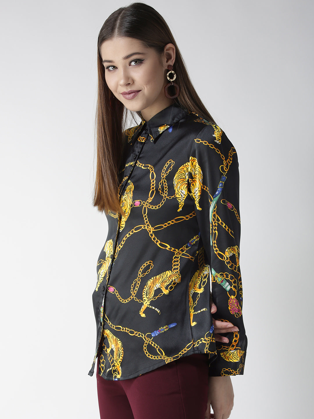 Women's Black and Golden Animal Chain Print Shirt - StyleStone