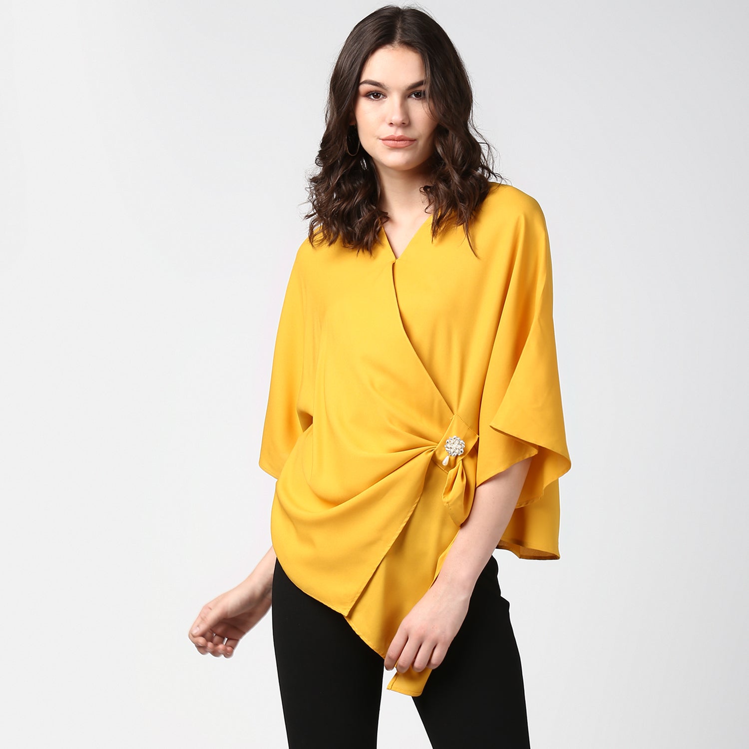 Women's Yellow Side Drape Top with Brooch - StyleStone