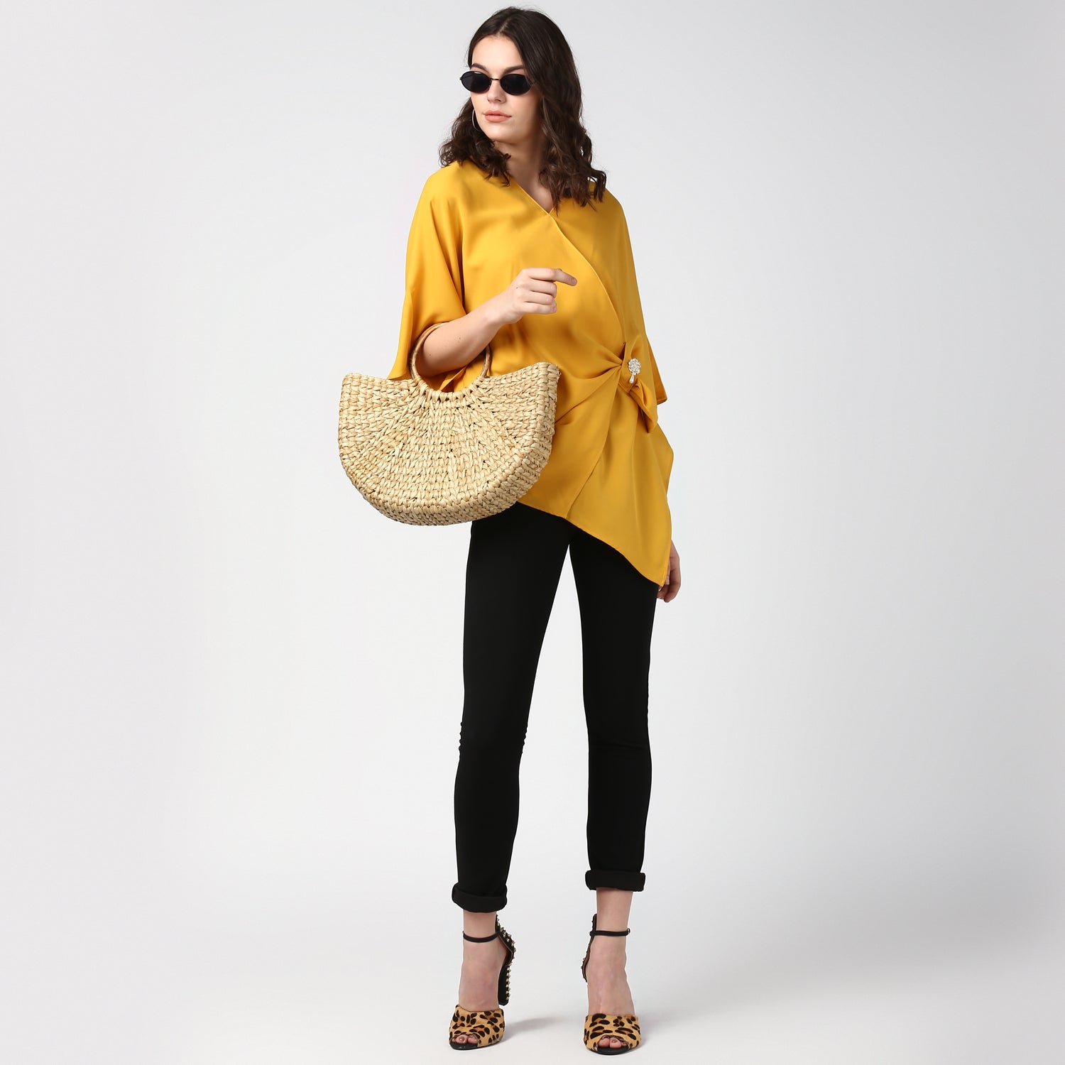 Women's Yellow Side Drape Top with Brooch - StyleStone