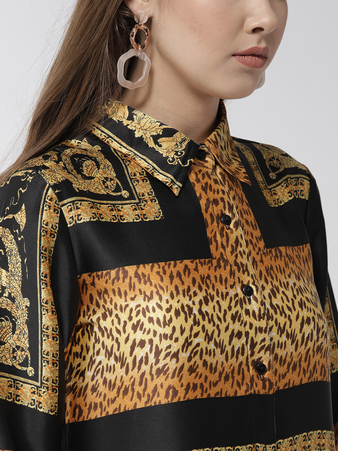 Women's Satin Printed Tiger Print Shirt Dress - StyleStone