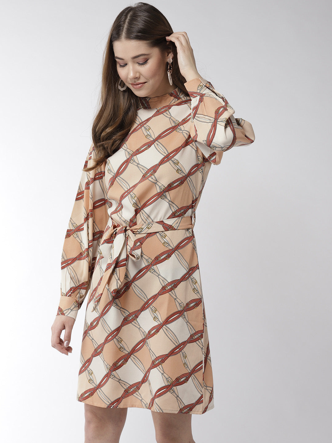 Women's Brown Polyester Belt Print Manderin Collar Dress with belt - StyleStone