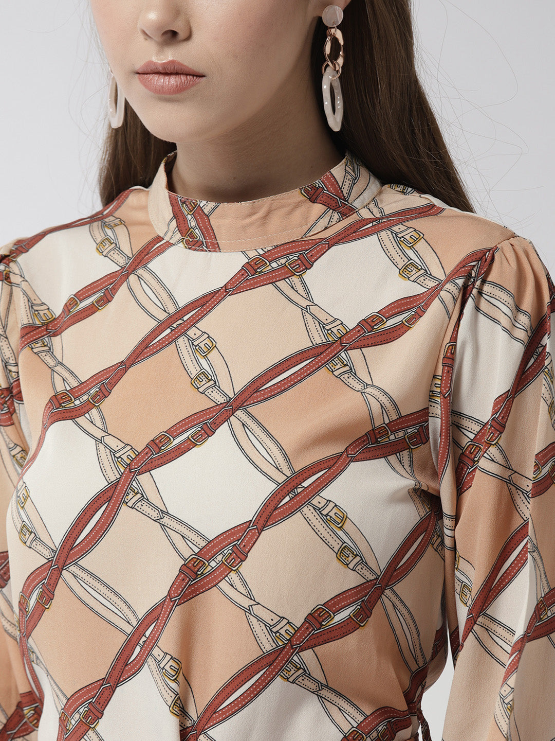 Women's Brown Polyester Belt Print Manderin Collar Dress with belt - StyleStone