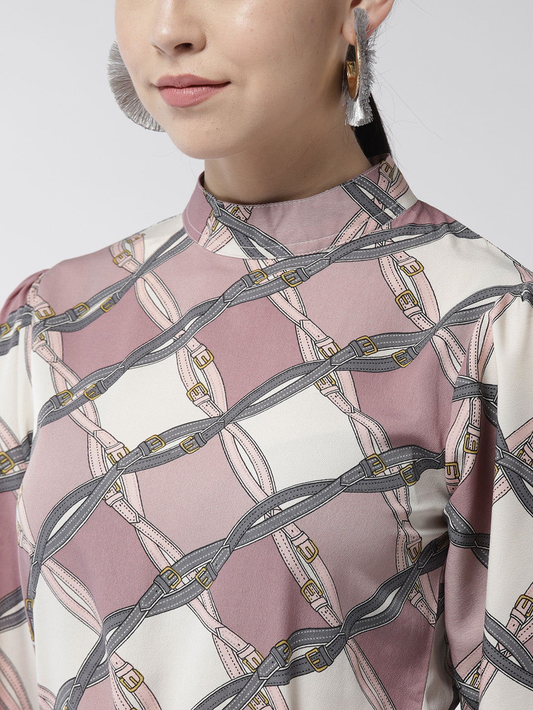 Women's Polyester Lavender Belt Print Manderin Collar Dress with belt - StyleStone