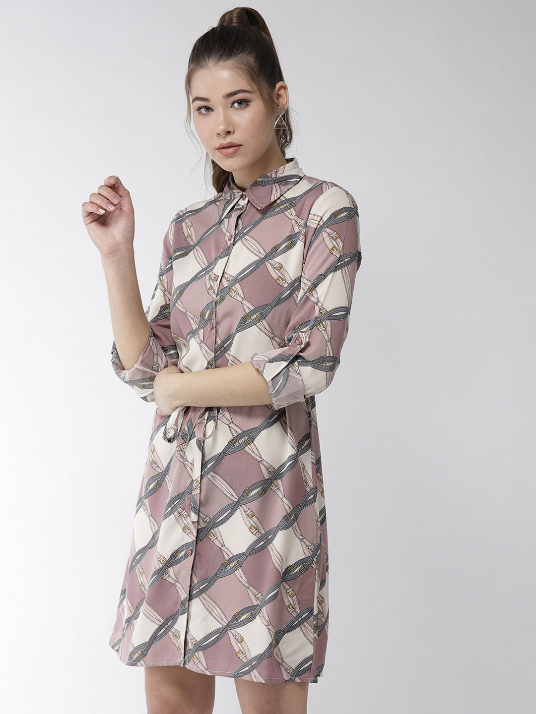 Women's Lavender Polyester Belt style Shirt Dress - StyleStone
