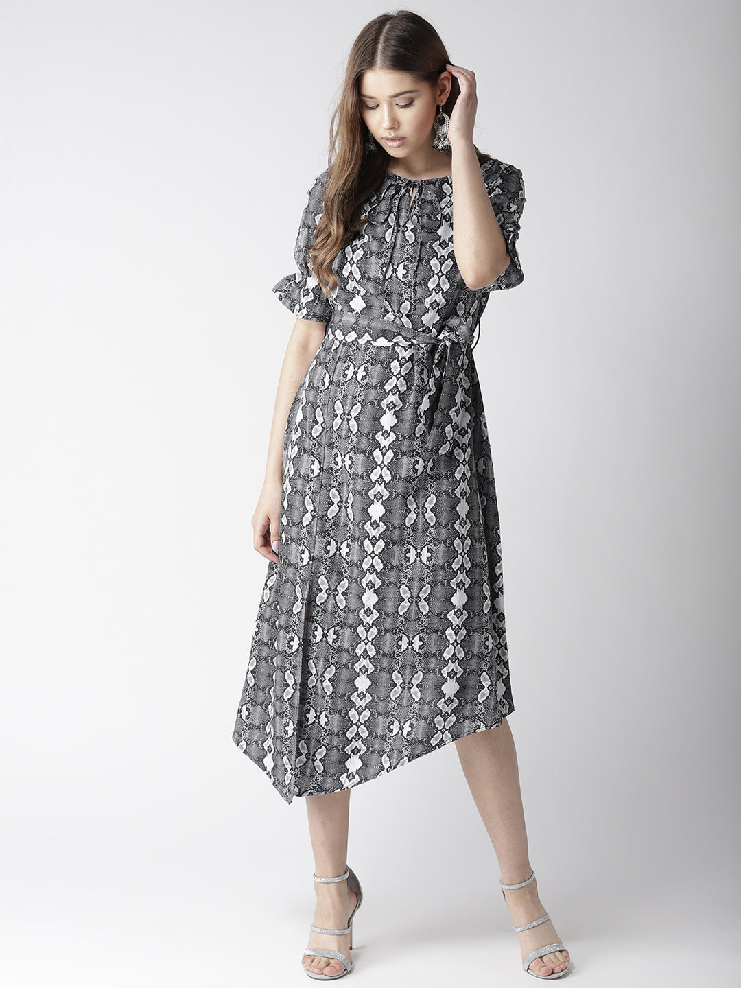 Women's Black and White Snake Print Asymmetric Hemline Dress - StyleStone