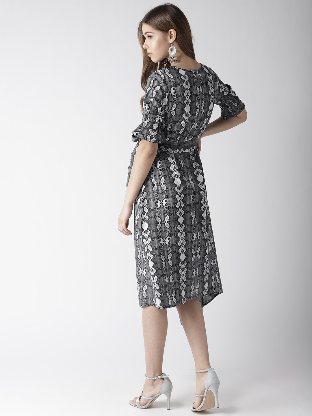 Women's Black and White Snake Print Asymmetric Hemline Dress - StyleStone
