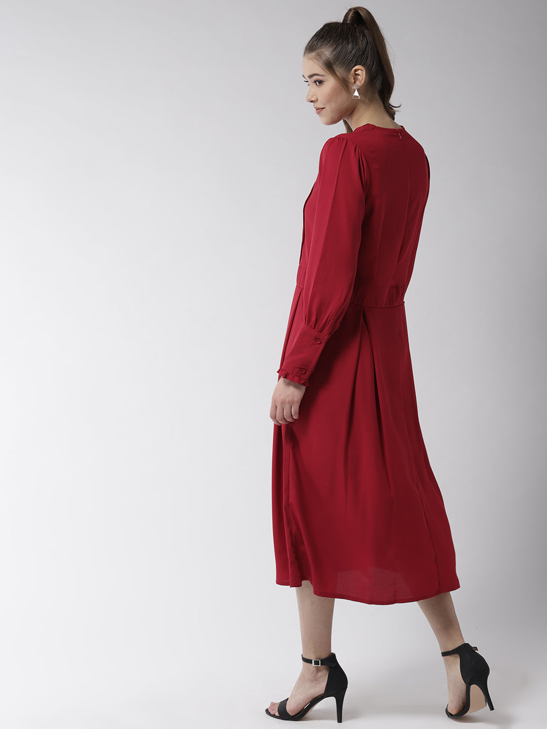 Women's Red Polyester Moss pintuck and pleated Midi dress - StyleStone
