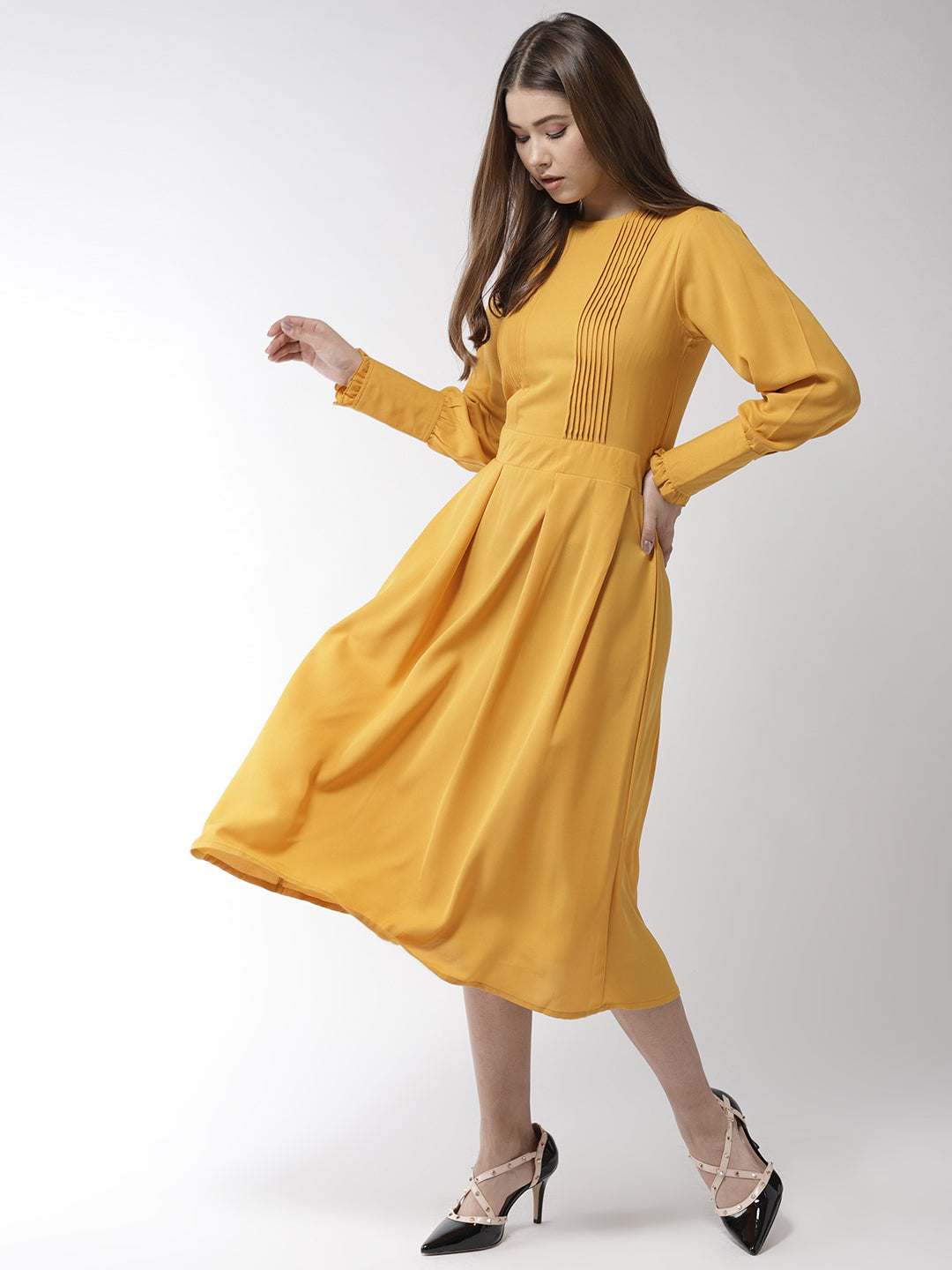 Women's Yellow Polyester Moss Pintuck And Pleated Midi Dress - Stylestone