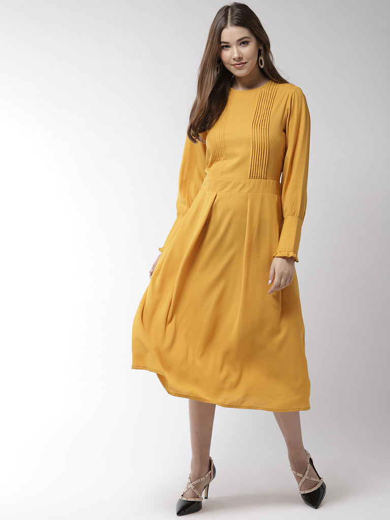 Women's Yellow Polyester Moss Pintuck And Pleated Midi Dress