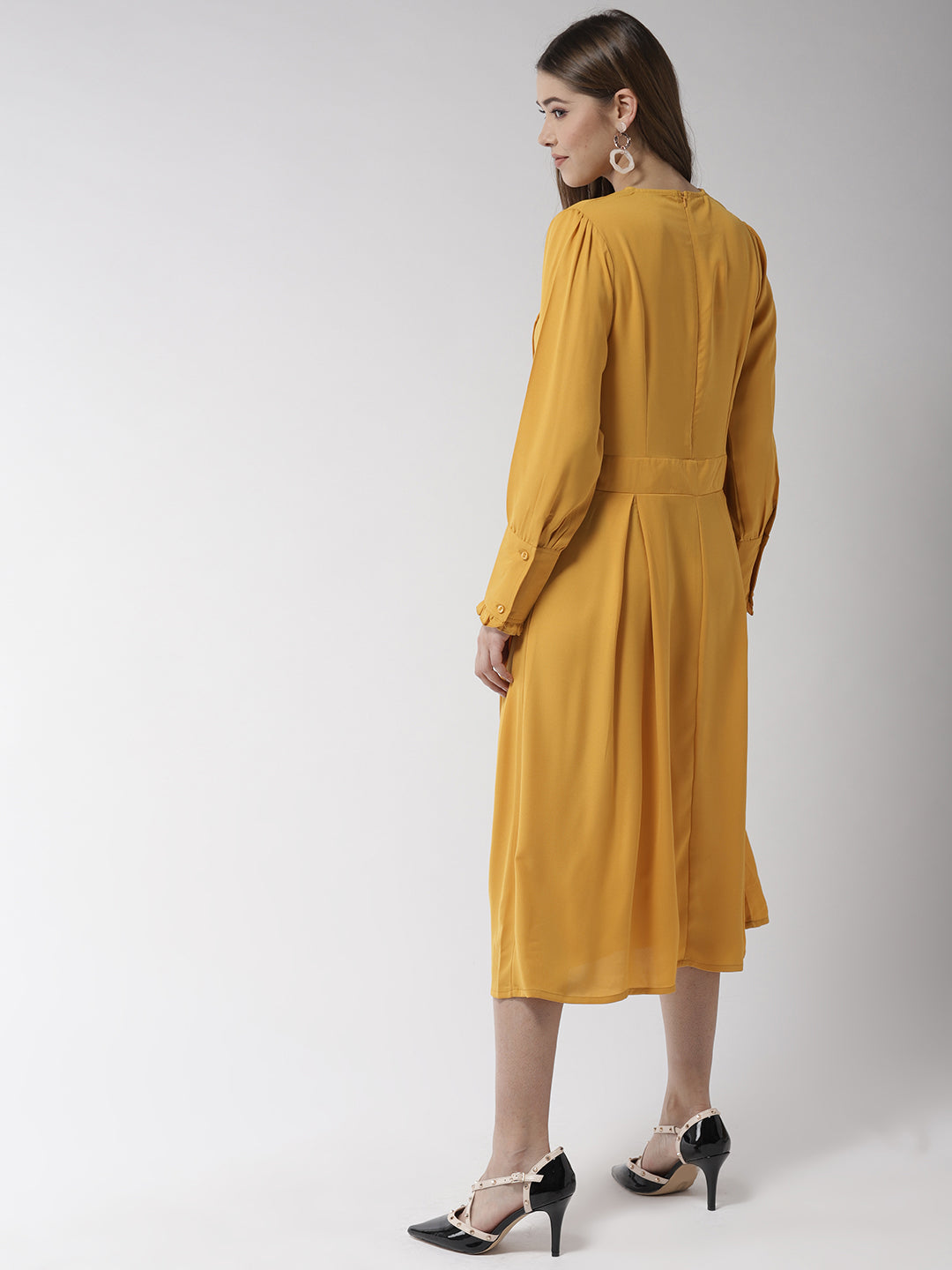 Women's Yellow Polyester Moss Pintuck And Pleated Midi Dress - Stylestone
