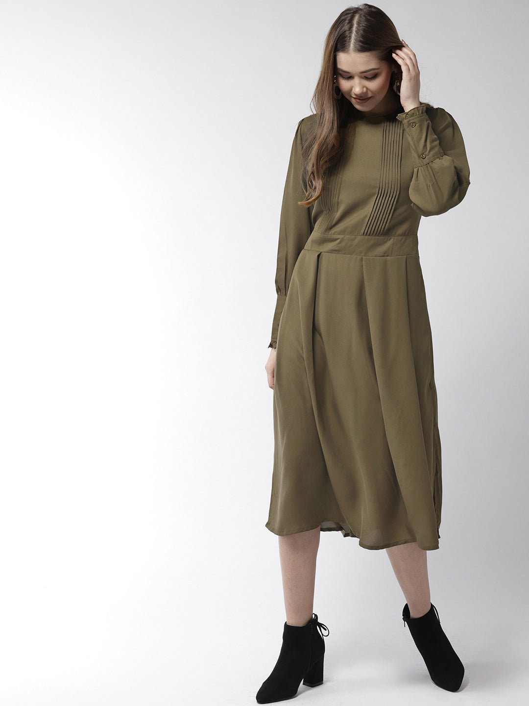 Women's Olive Polyester Moss pintuck and pleated Midi dress - StyleStone