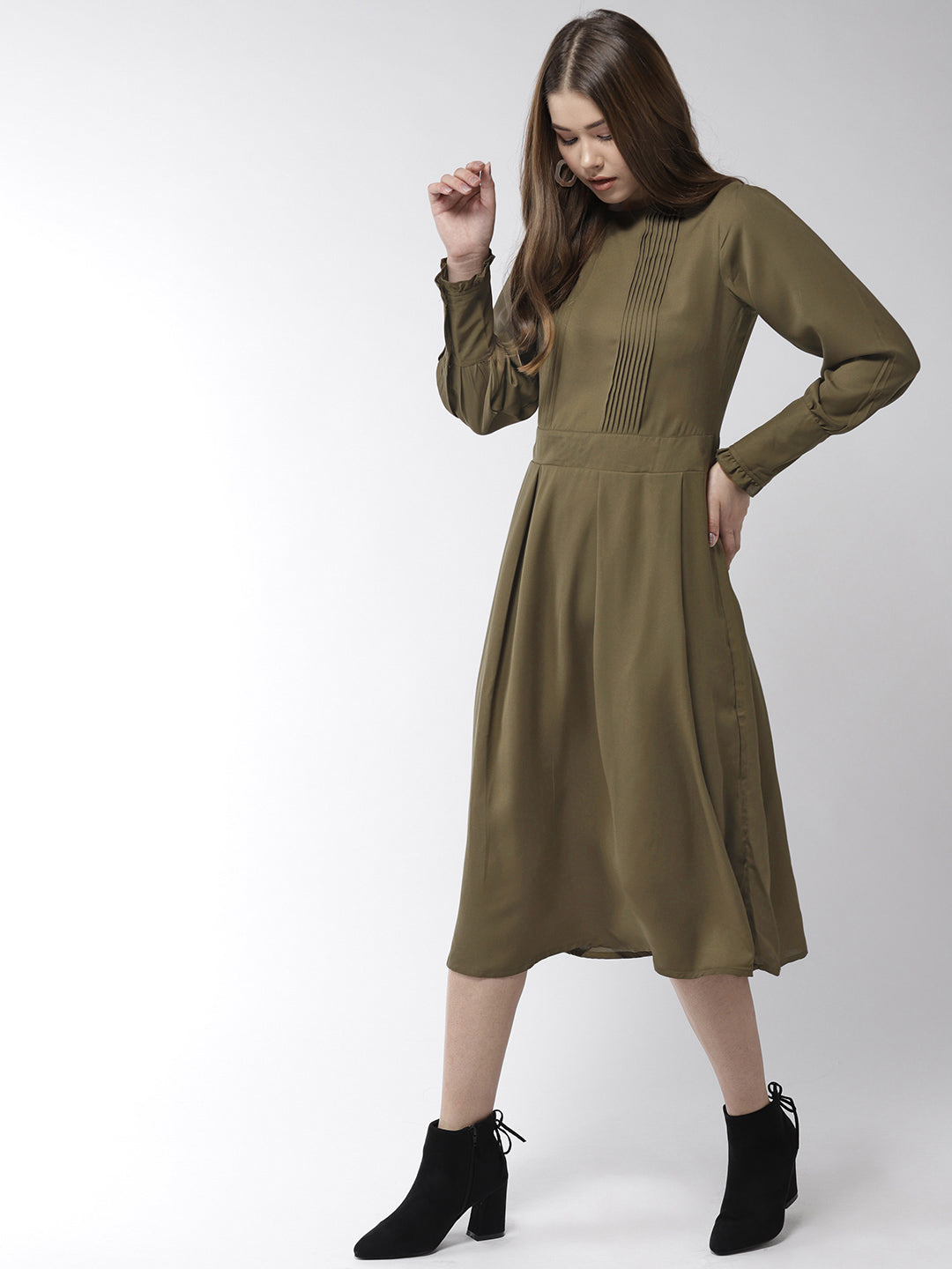 Women's Olive Polyester Moss pintuck and pleated Midi dress - StyleStone