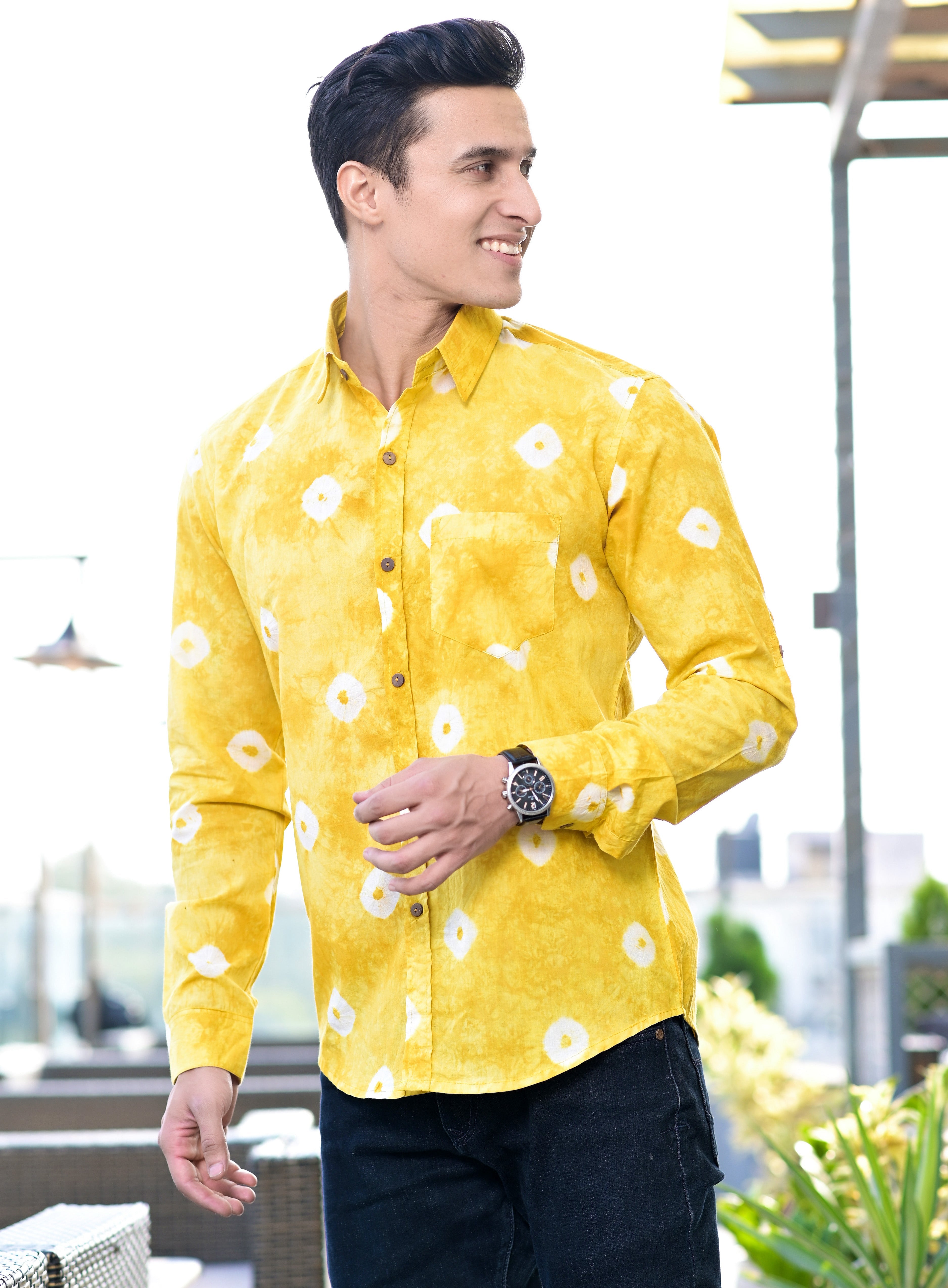 Men's Mustard Bandhani Cotton Shirt - Hatheli