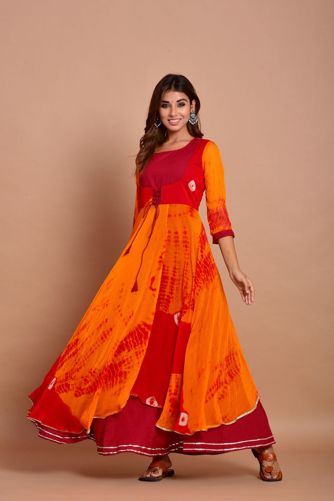 Women's Red Tye-Dye Layered Anarkali Dress (1Pc)
