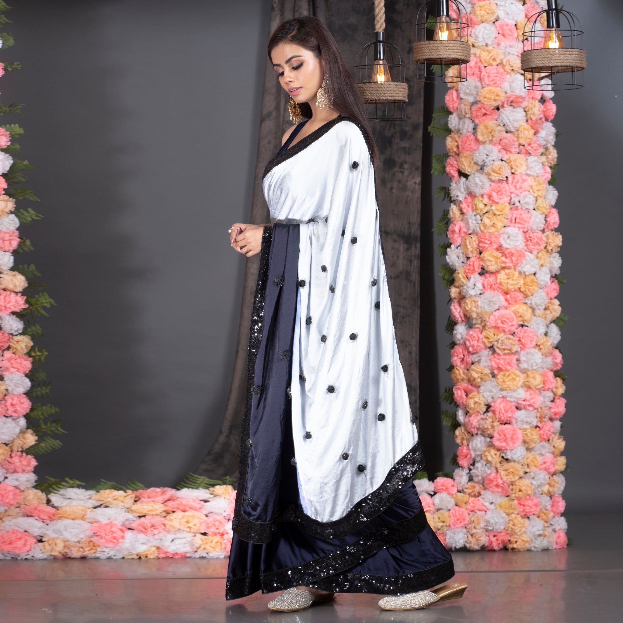 Women's Grey And Navy Blue Ombre Satin Saree With Sequin Lace Border And Handmade Rosette Pallu - Boveee
