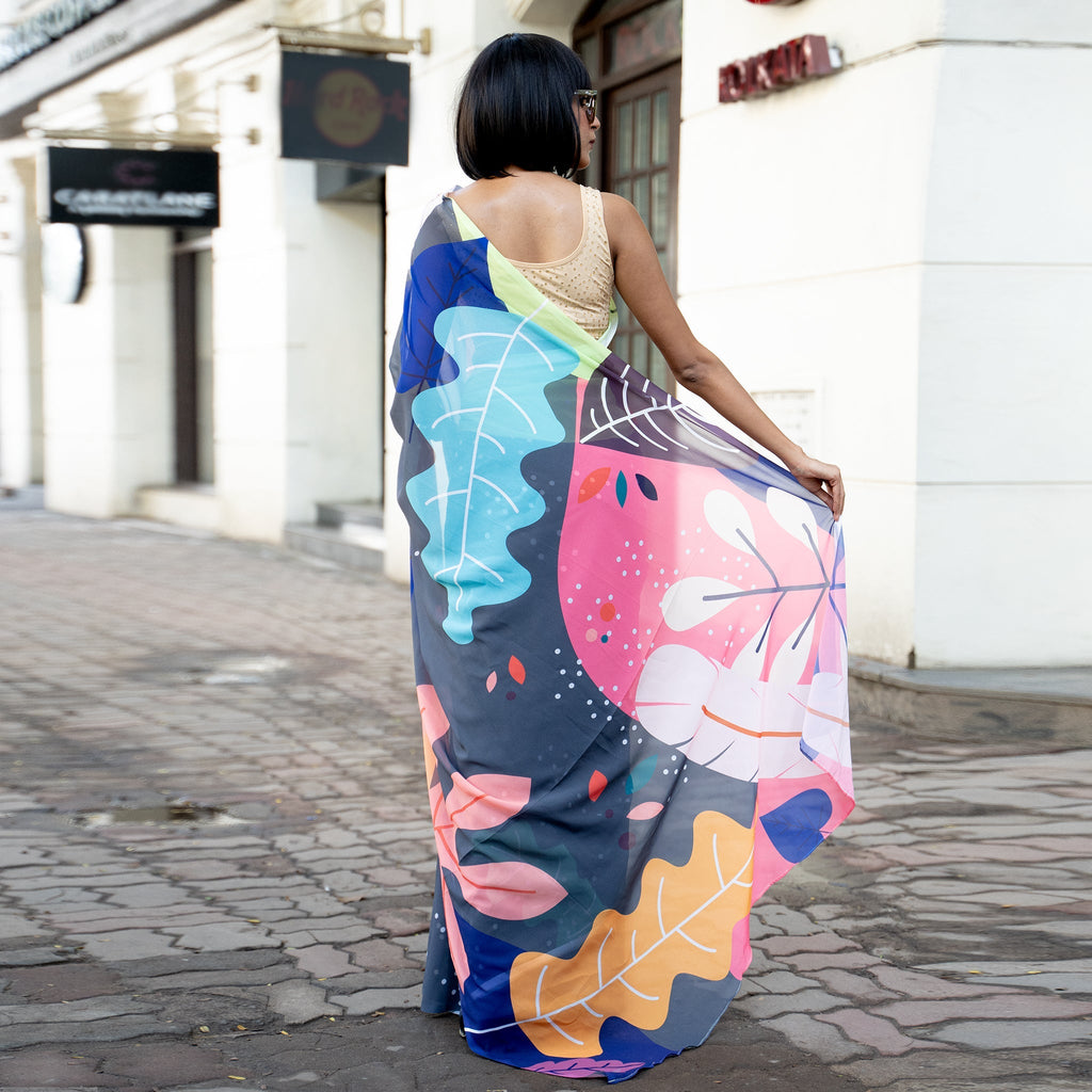 Women's Midnight Caribbean Jungle Digital Printed Satin Georgette Saree