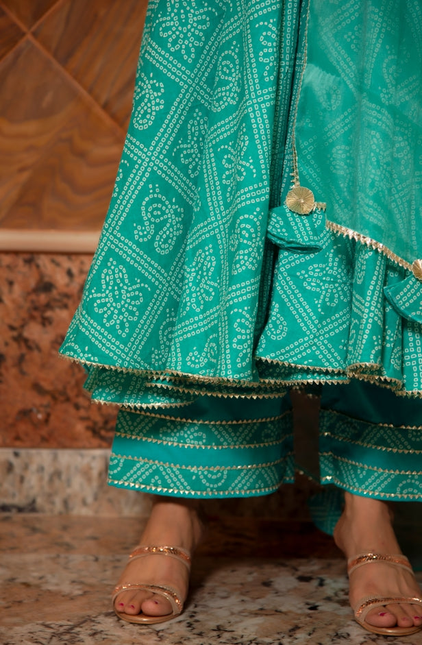 Women's Bandhej Tiffany Blue Cotton Anarkali Set - Pomcha Jaipur