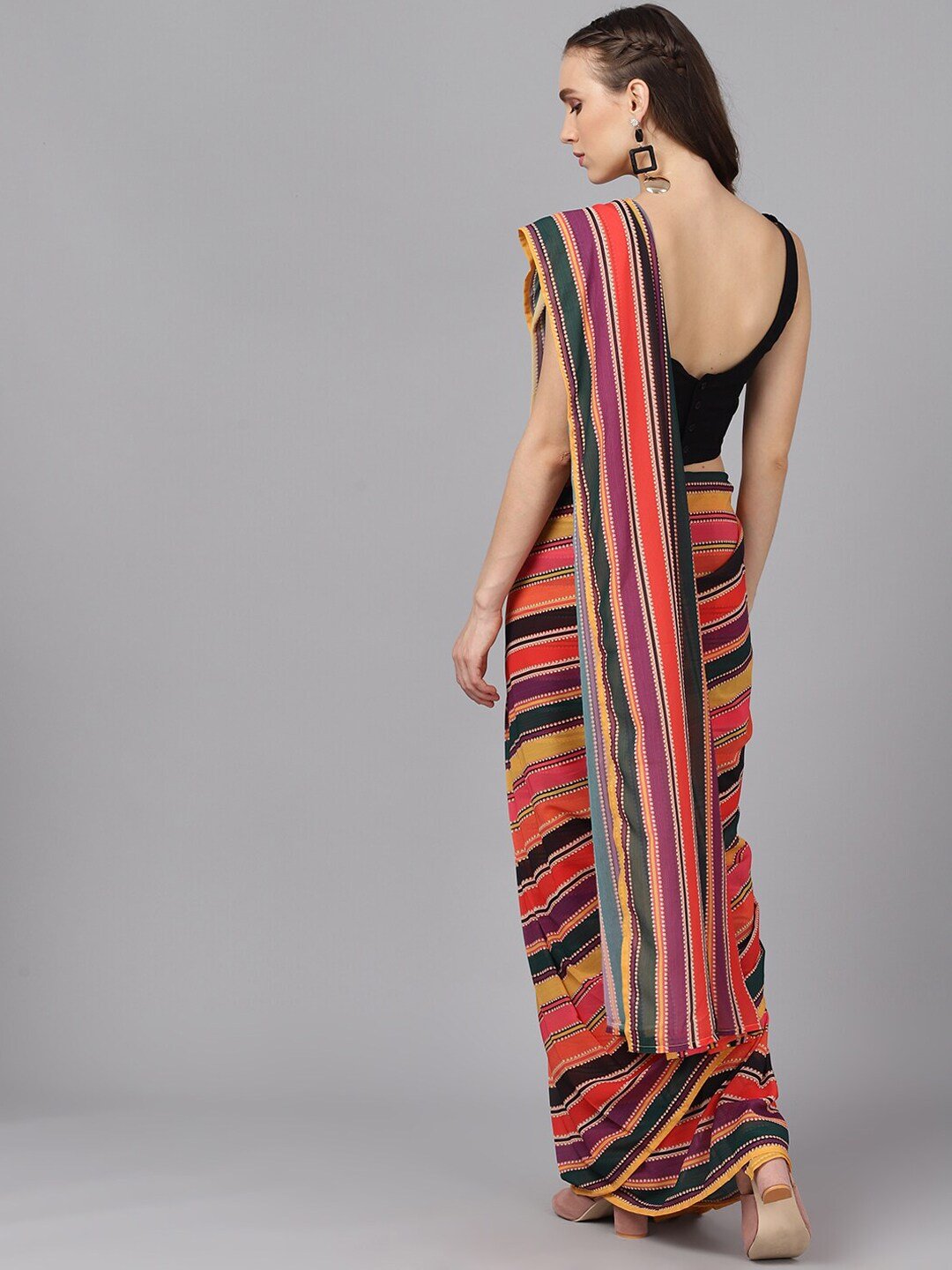 Women's Multicoloured Striped Poly Georgette Saree - AKS