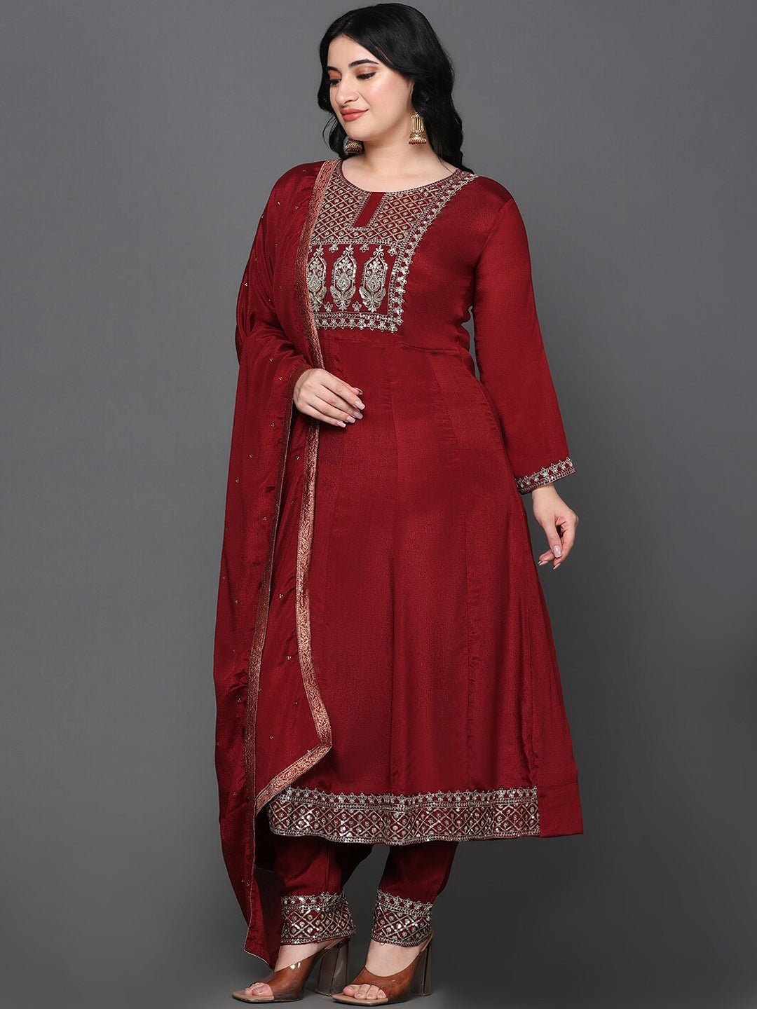 Women's Ethnic Motifs Yoke Design Pure Silk Anarkali Kurta With Trousers & Dupatta - Noz2Toz