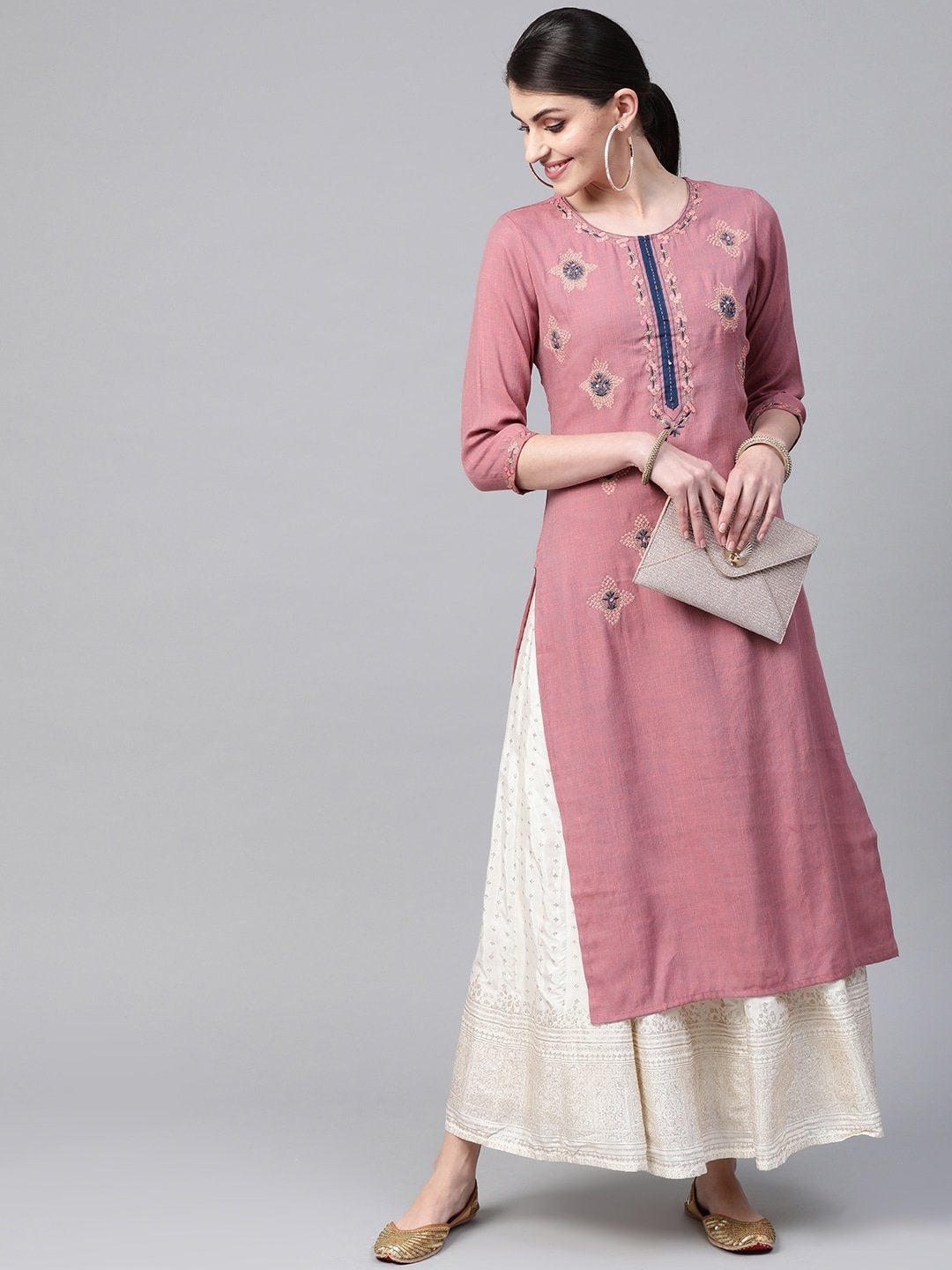 Women's Dusty Pink & Golden Embroidered Straight Kurta - Meeranshi