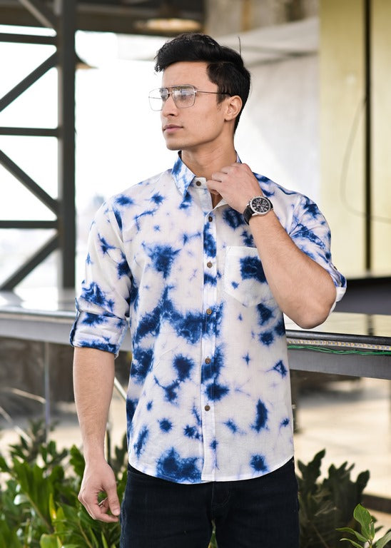 Men's Blue And White Tie Dye Cotton Shirt