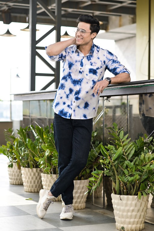 Men's Blue And White Tie Dye Cotton Shirt