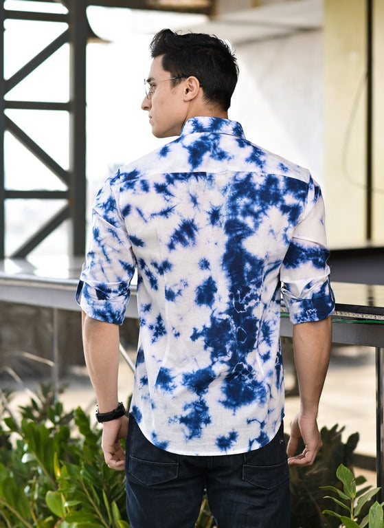 Men's Blue And White Tie Dye Cotton Shirt - Hatheli