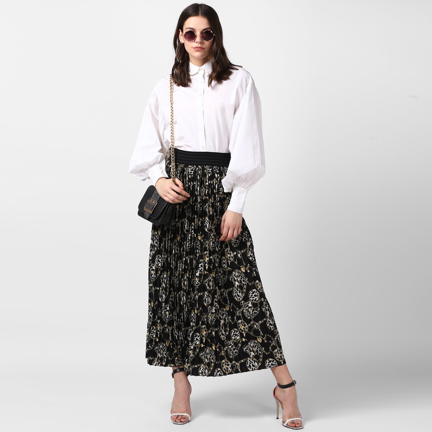 Women's Black Chain Print Pleated Skirt - StyleStone