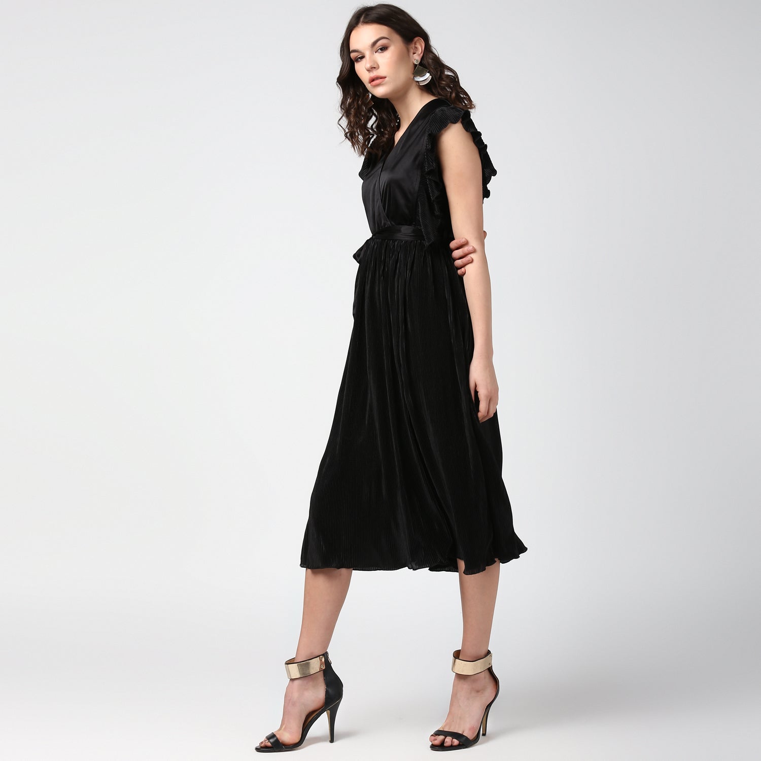 Women's Black Satin Pleating Evening Midi Dress - StyleStone