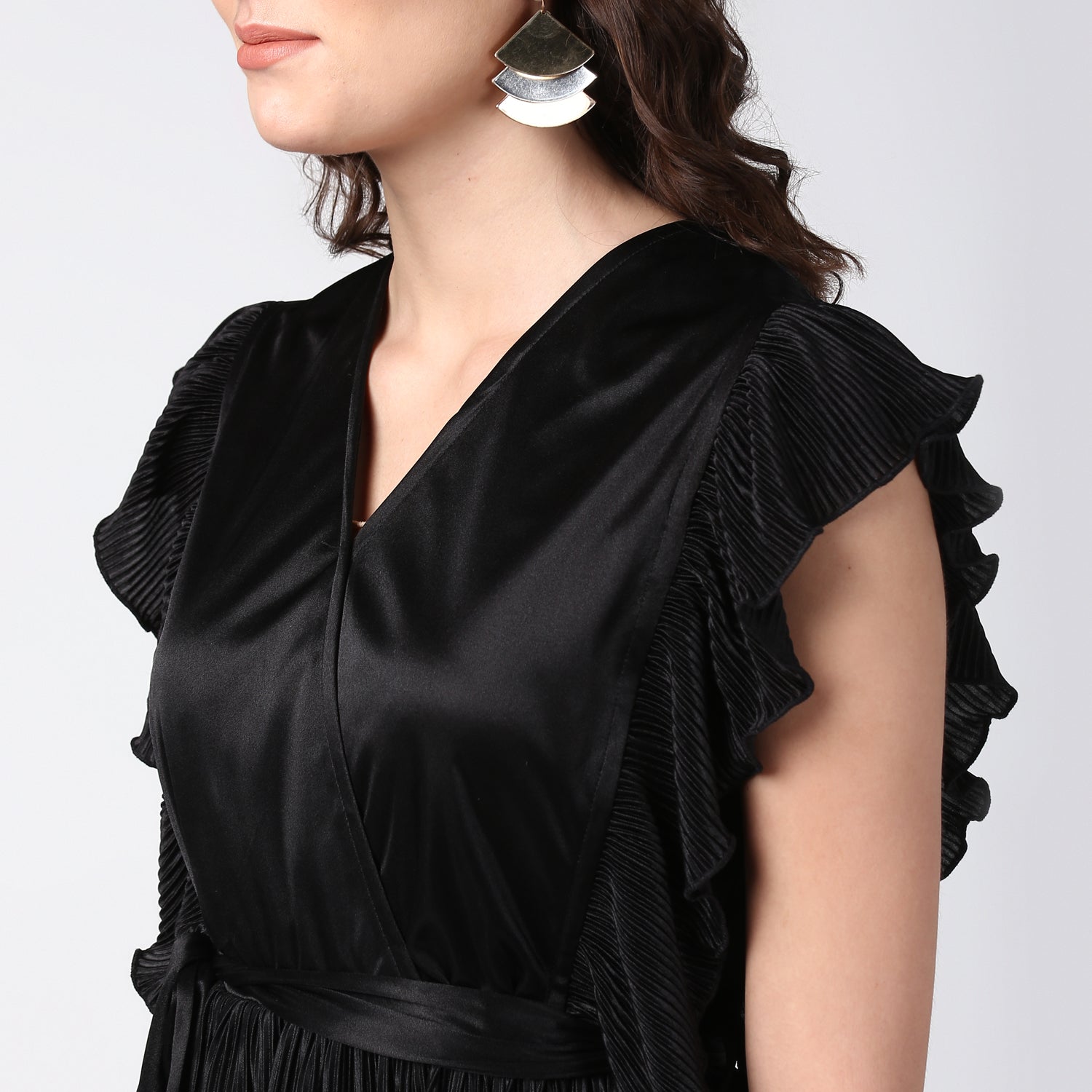 Women's Black Satin Pleating Evening Midi Dress - StyleStone