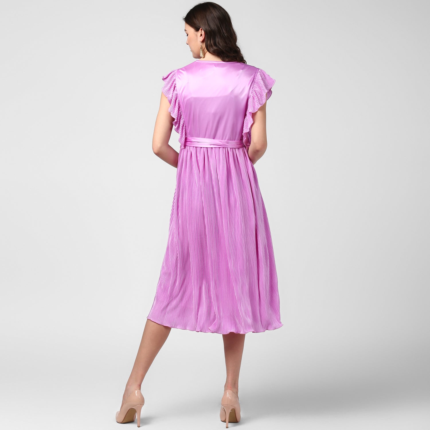 Women's Lavender Satin Pleating Evening Midi Dress - StyleStone