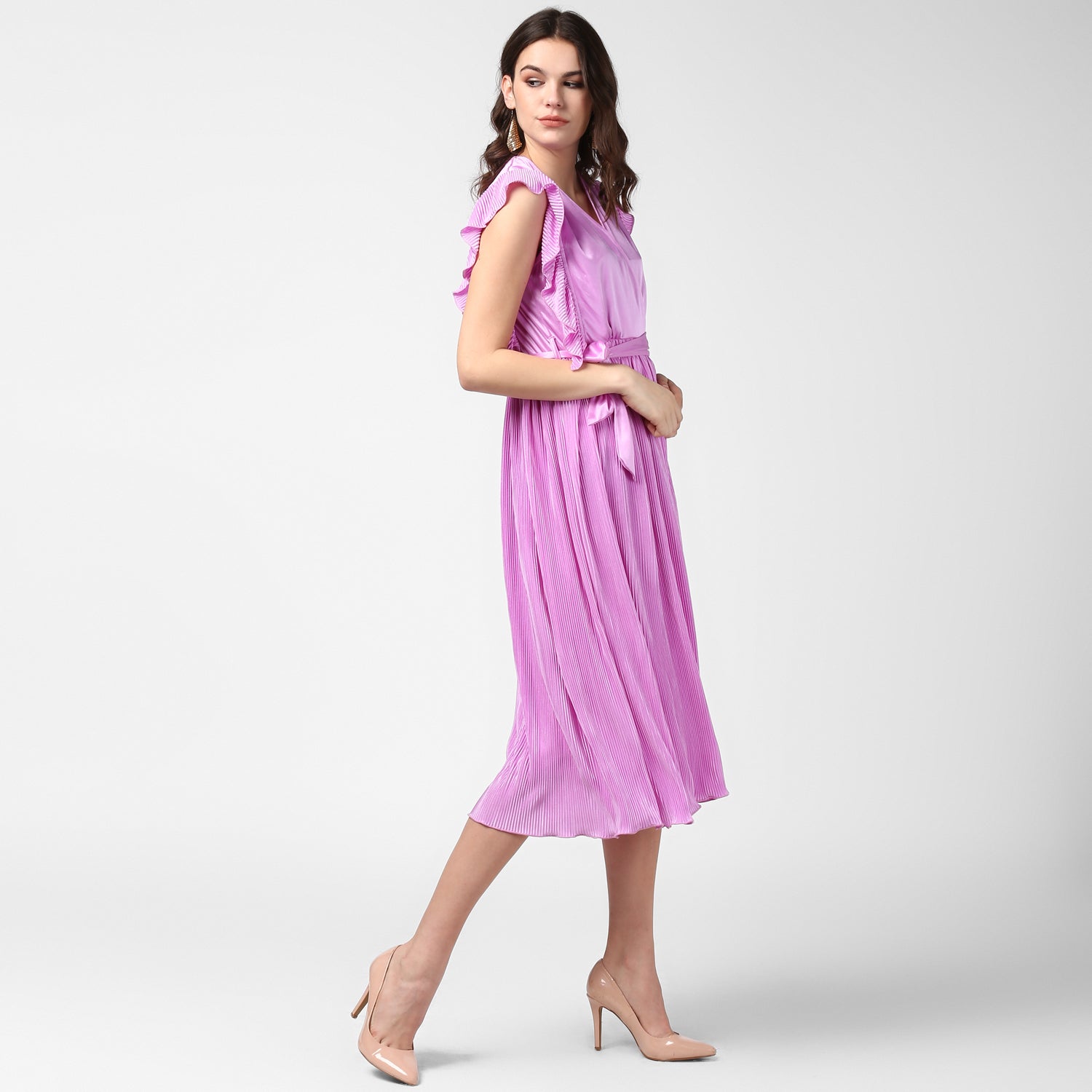 Women's Lavender Satin Pleating Evening Midi Dress - StyleStone