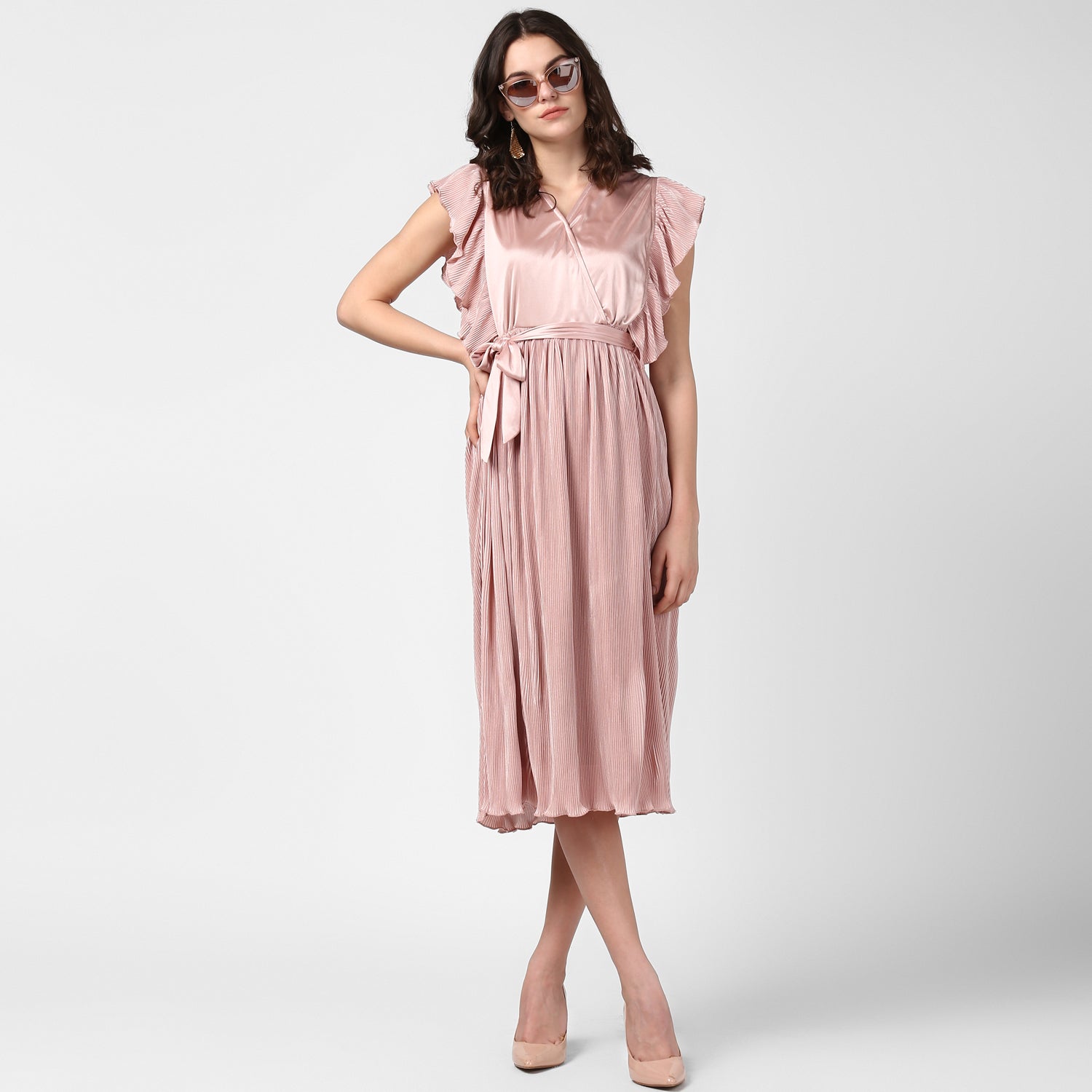 Women's pink Satin Pleating Evening Midi Dress - StyleStone