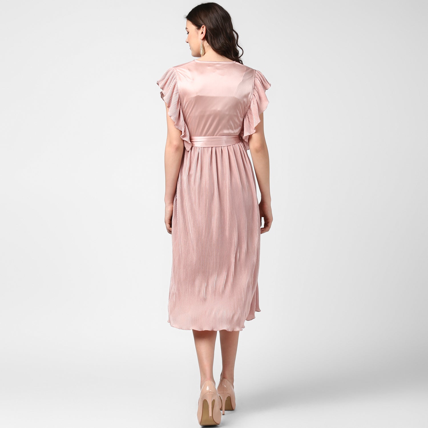 Women's pink Satin Pleating Evening Midi Dress - StyleStone