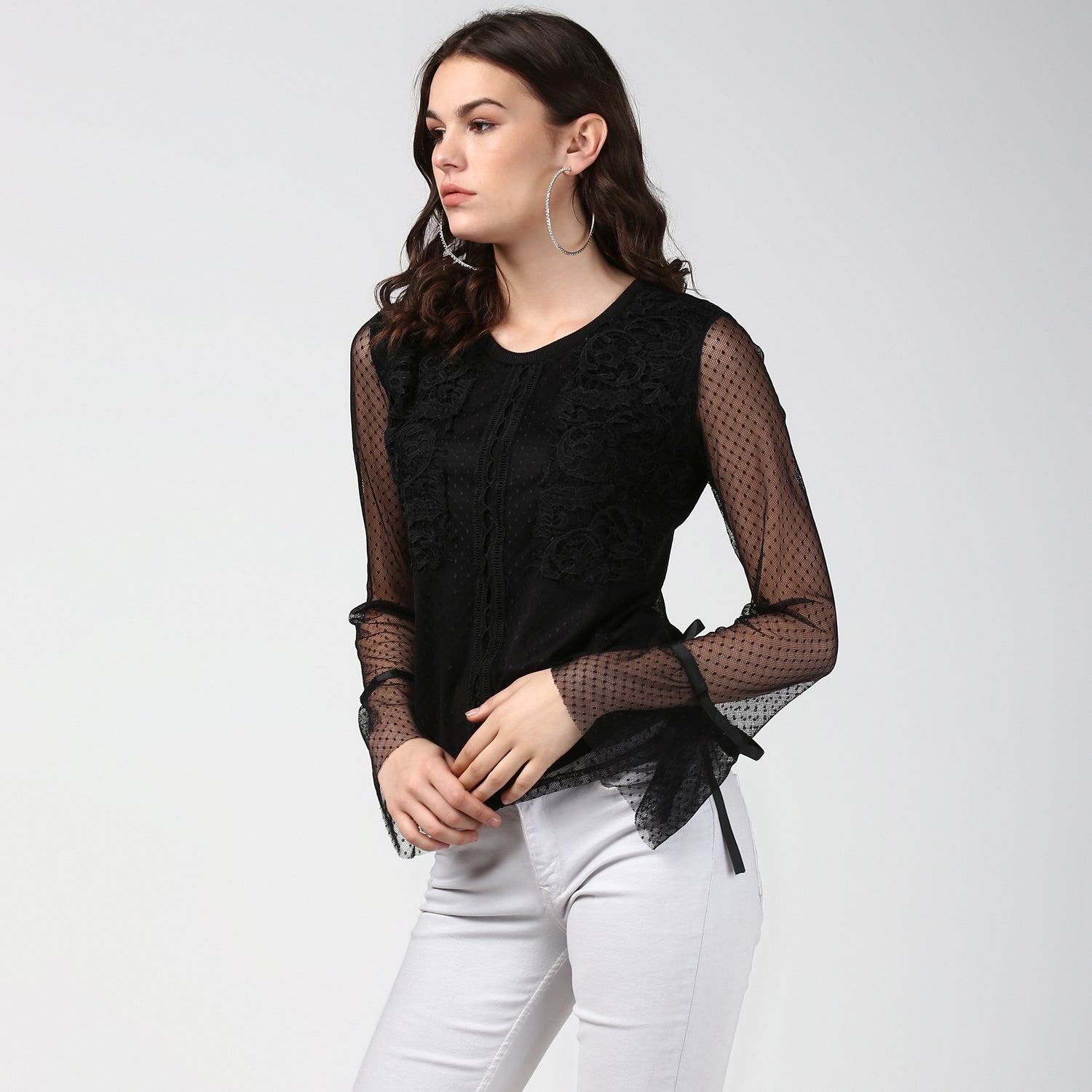 Women's Black Lace and Crochet Self Design Top - StyleStone