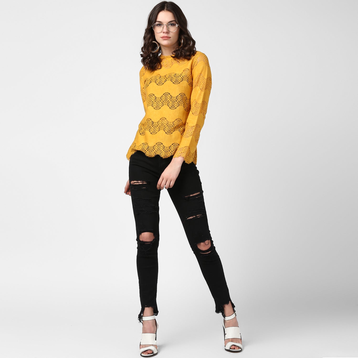 Women's Mustard Yellow Self Detail Lace Top - StyleStone
