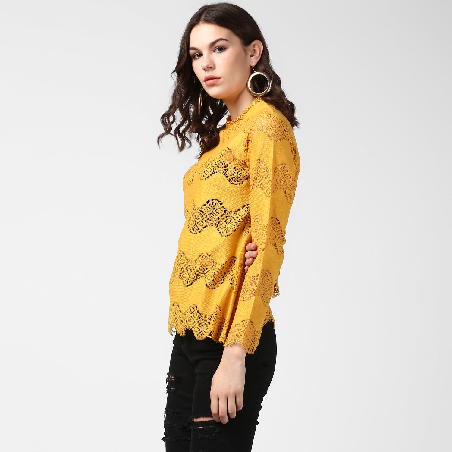 Women's Mustard Yellow Self Detail Lace Top - StyleStone