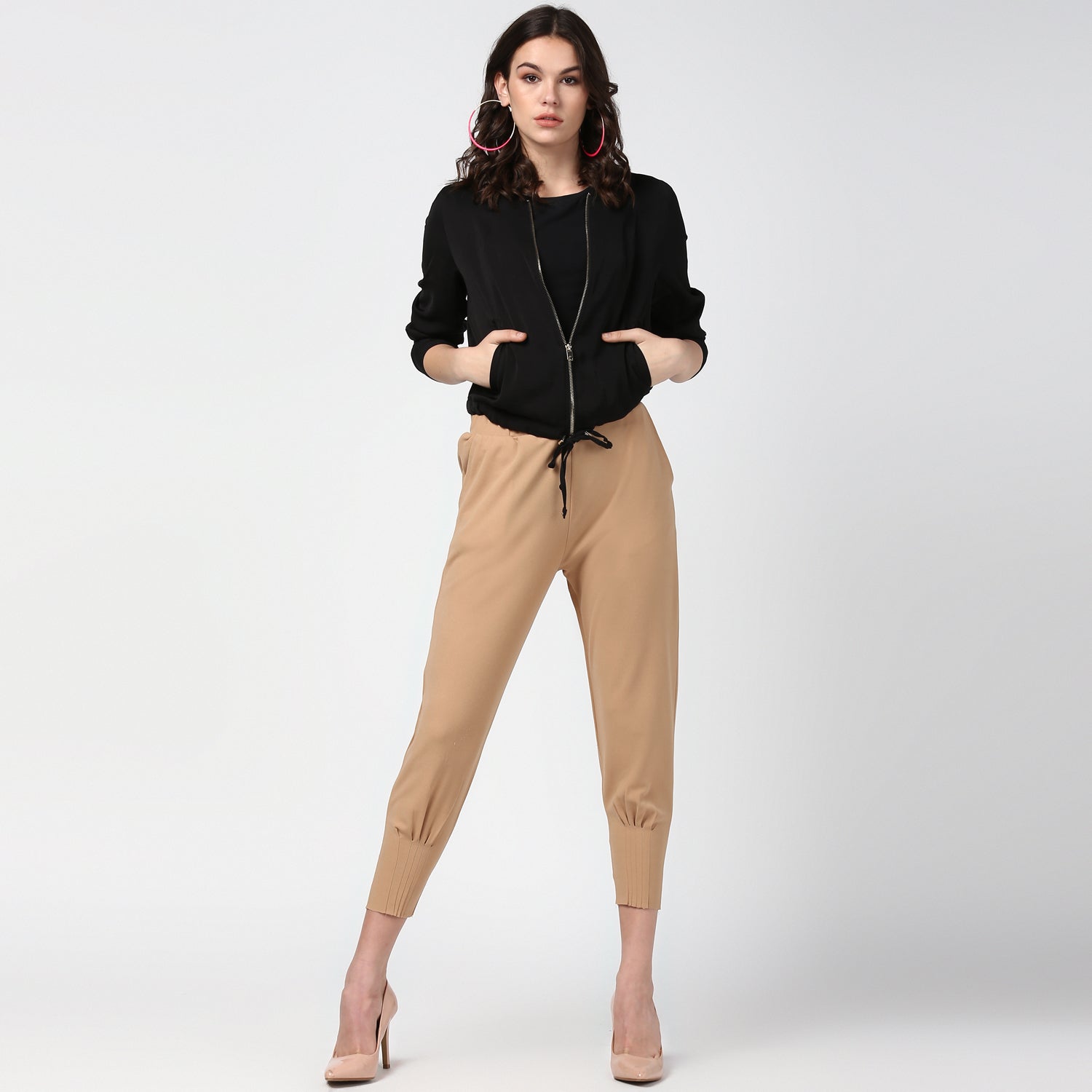 Women's Beige elasticated waistband and hemline stylised Pants - StyleStone