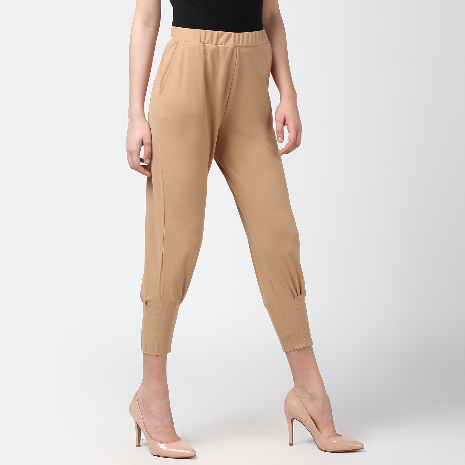 Women's Beige elasticated waistband and hemline stylised Pants - StyleStone