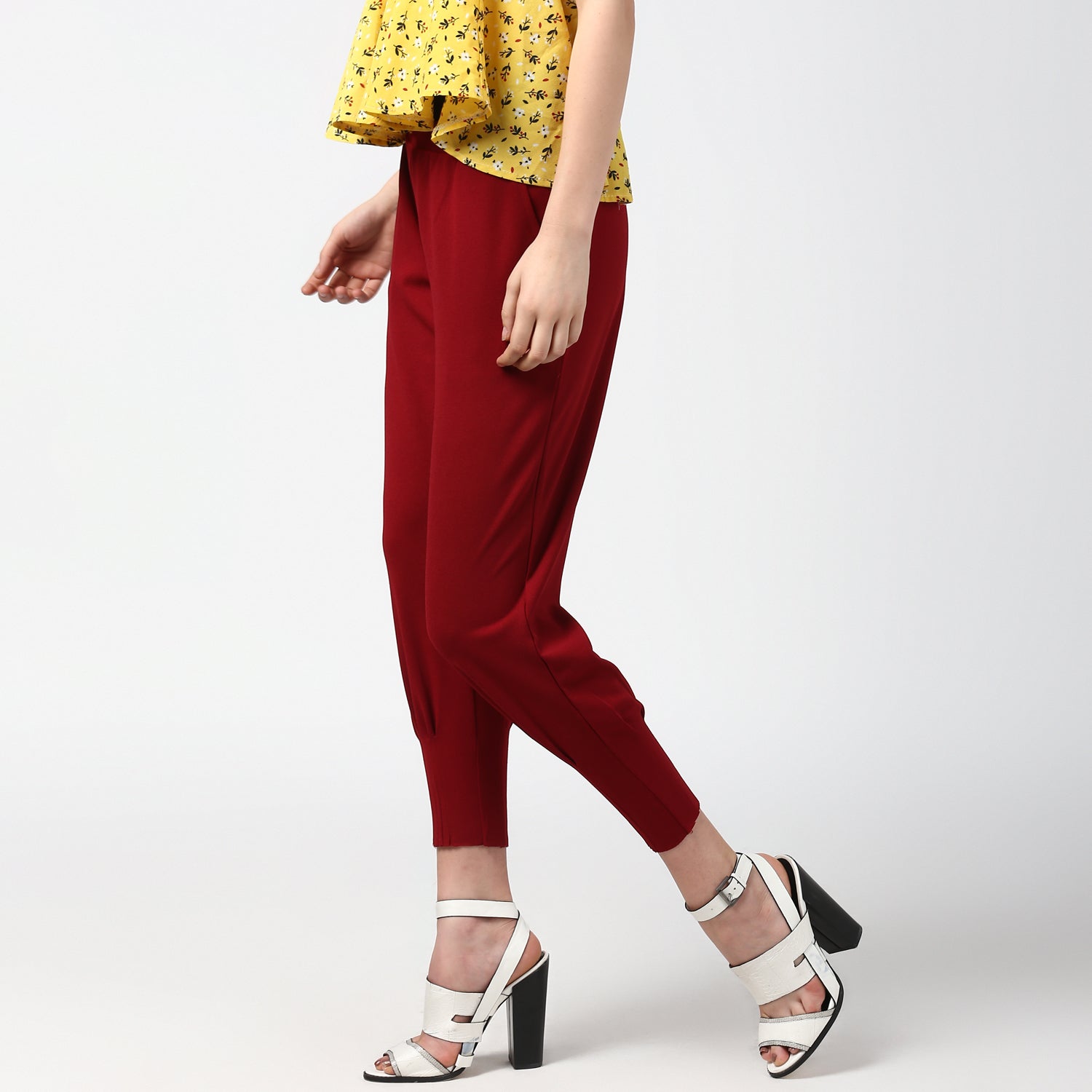 Women's Maroon elasticated waistband and hemline stylised Pants - StyleStone