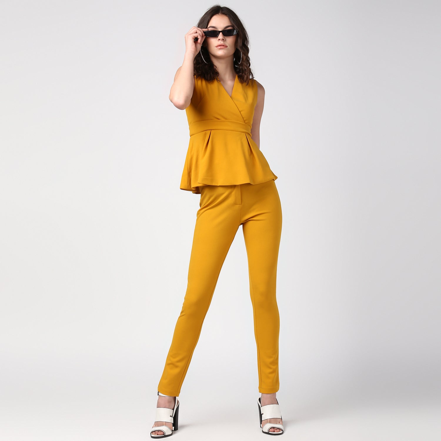 Women's Mustard Yellow Coordinated Peplum Top and Pants Set - StyleStone