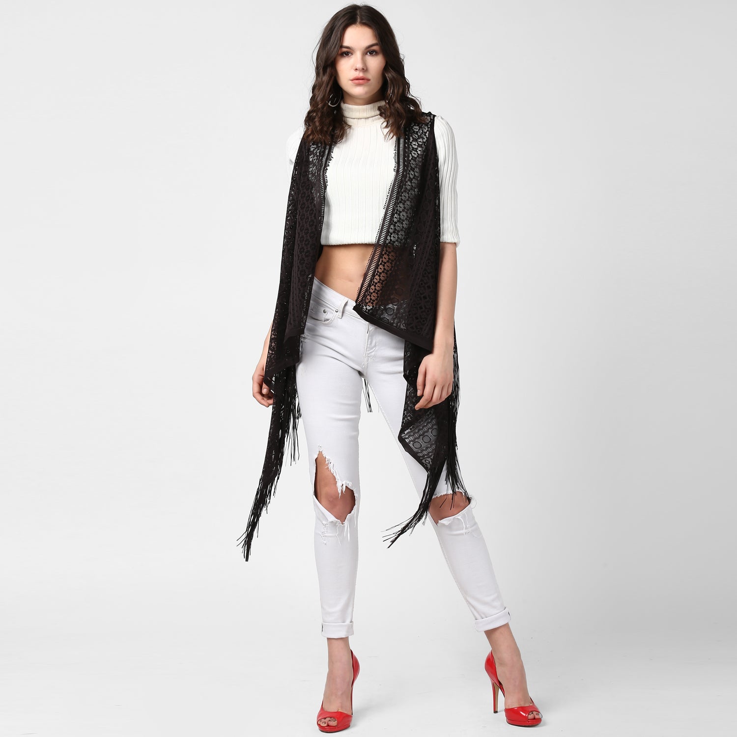 Women's Black Long Lace Shrug - StyleStone