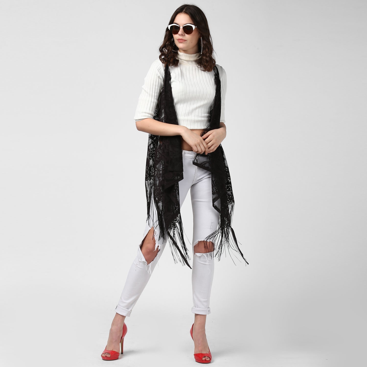 Women's Black Long Lace Shrug - StyleStone