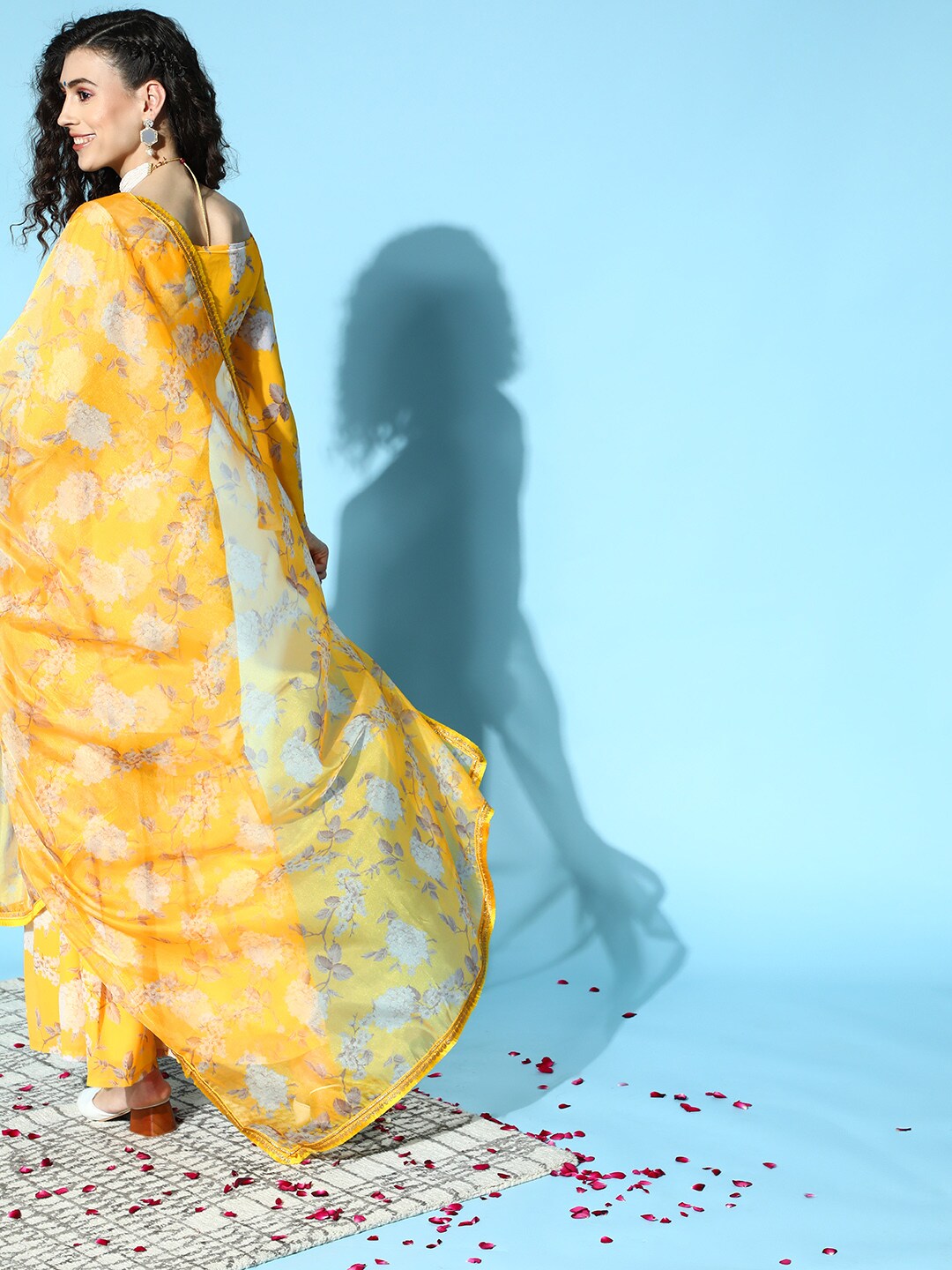 Women's Yellow Floral Print Kurta Sharara With Dupatta - Aks