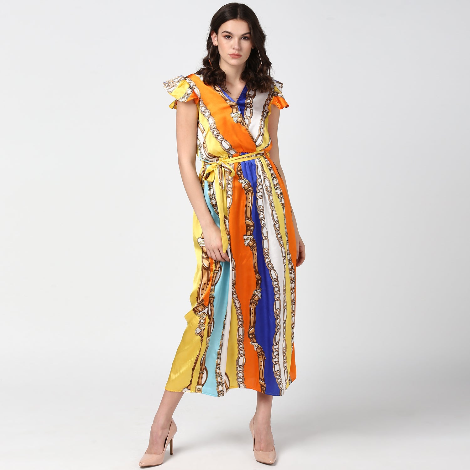 Women's Chain Print Multi Colored Satin Maxi Dress - StyleStone