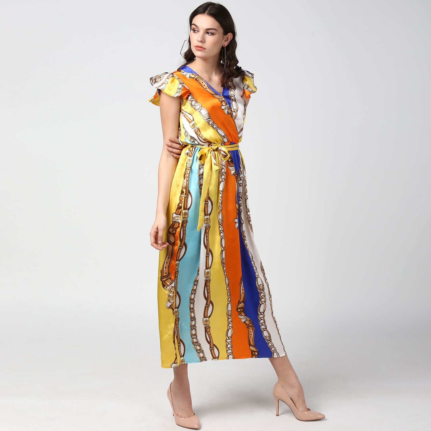Women's Chain Print Multi Colored Satin Maxi Dress - StyleStone