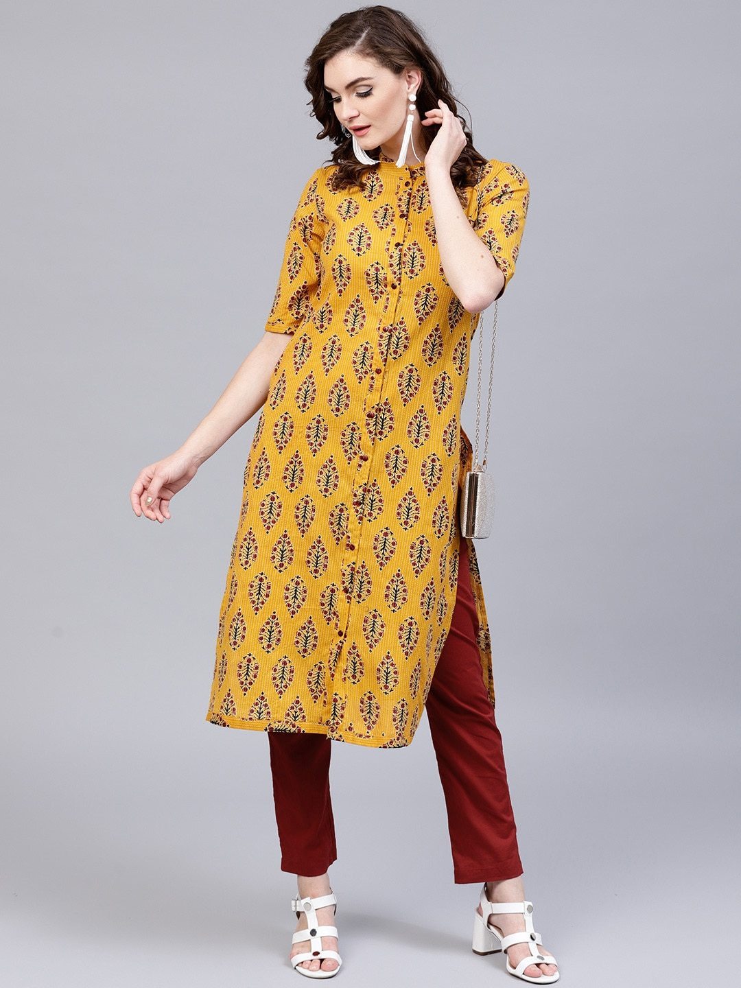 Women's  Yellow & Maroon Printed Kantha Work Kurta with Trousers - AKS