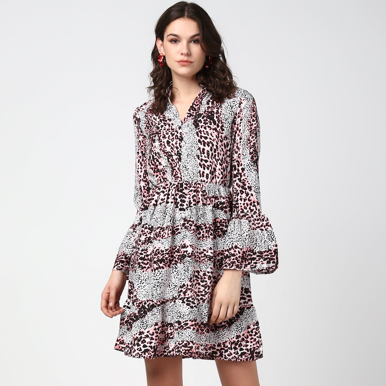 Women's Pink and Black Animal Print Dress with Bell Sleeves - StyleStone