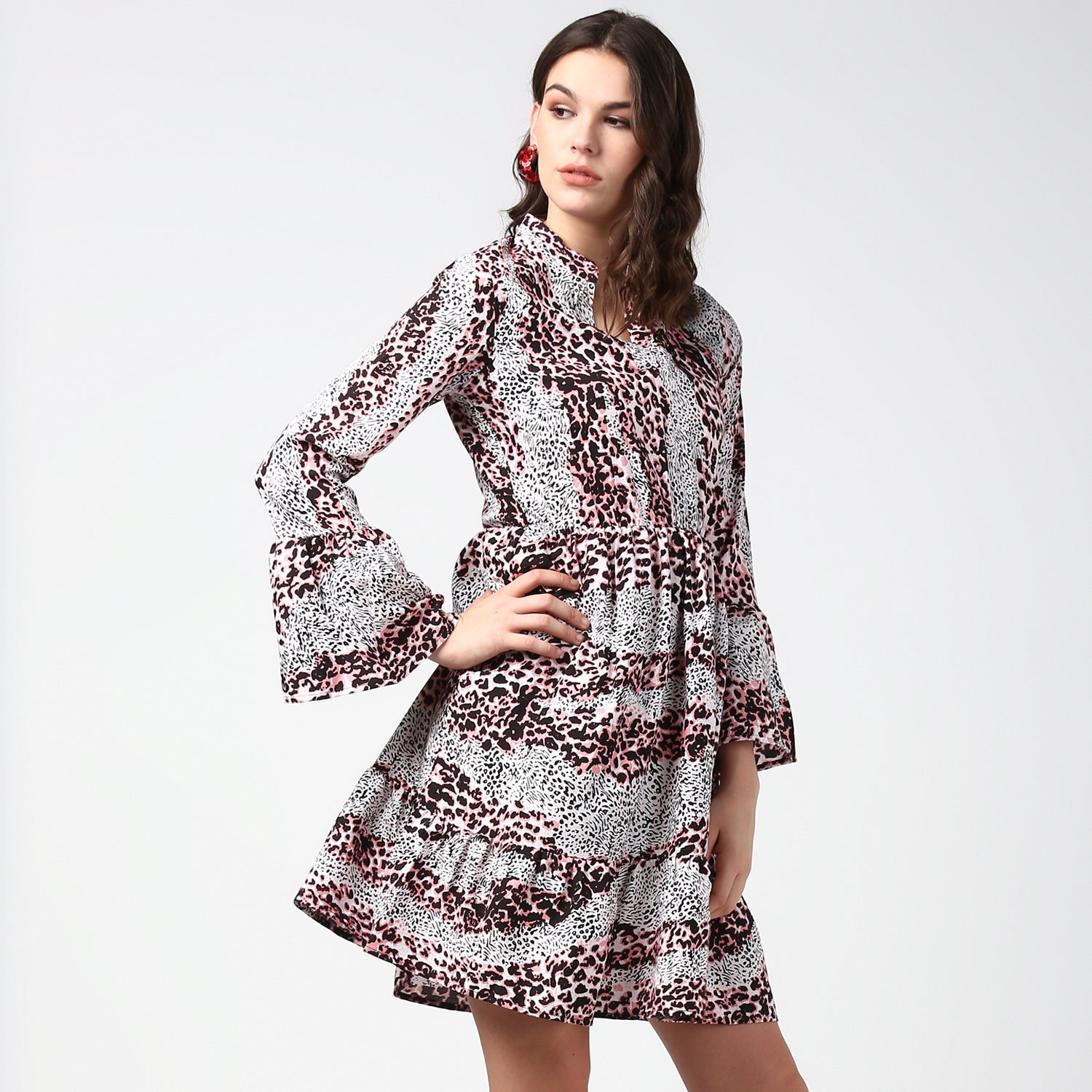 Women's Pink and Black Animal Print Dress with Bell Sleeves - StyleStone